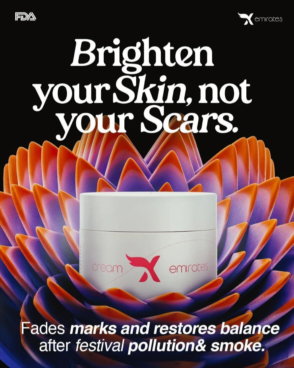 Cosmetic cream jar with colorful flower design and text about skin brightening.